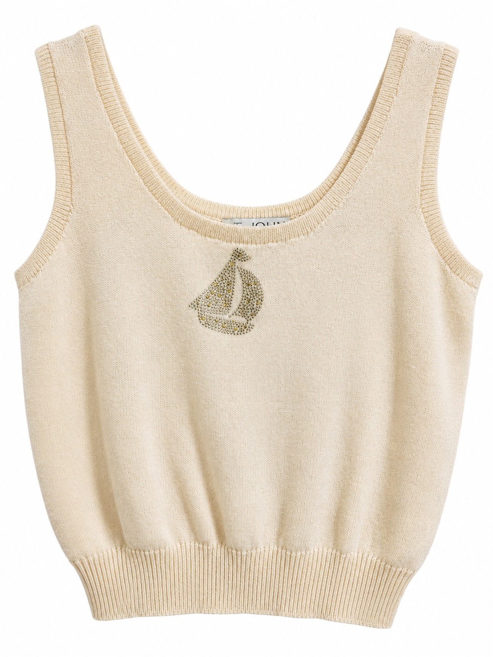 St. John Sportswear Marie Gray Cream Knit Tank Top Sailboat Rhinestone M